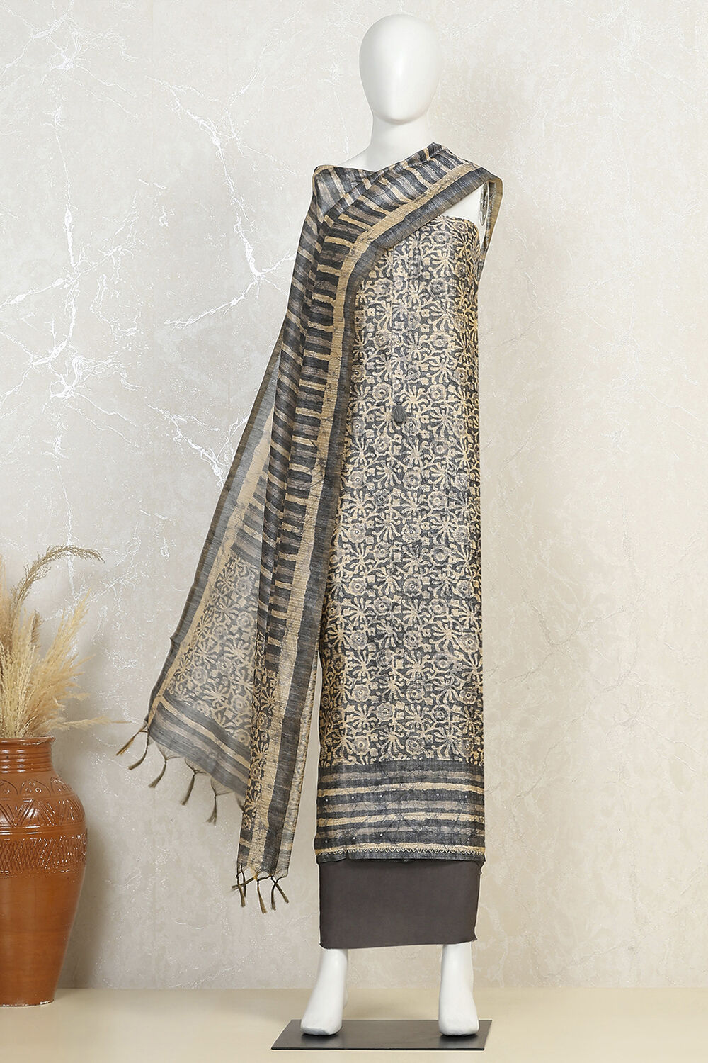 Rust Silk Blend Printed Unstitched Suit Set image number 4