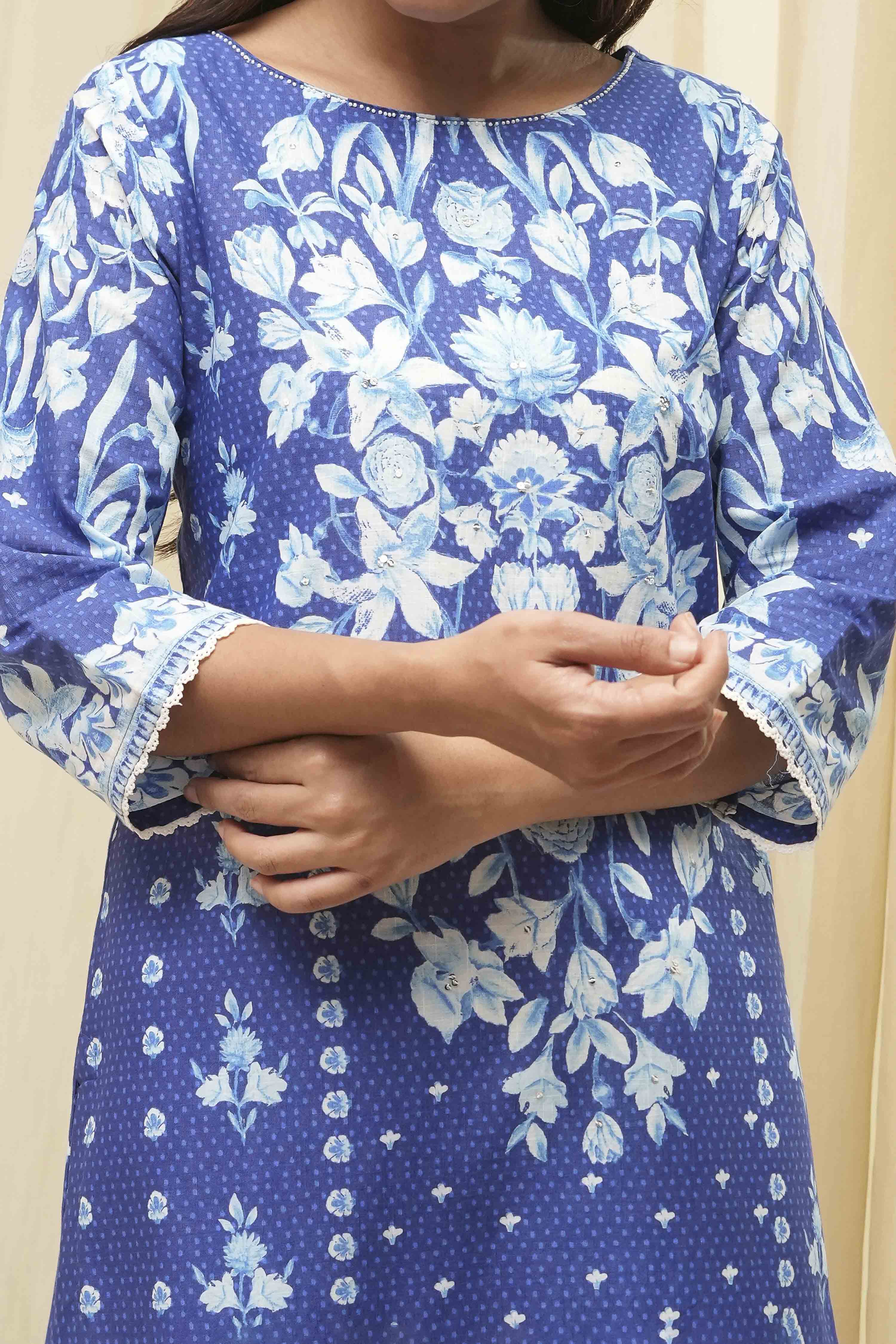 Blue Cotton Printed Straight Kurta image number 1