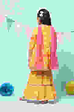 Yellow Cotton Gathered Printed Kurta Sharara Suit Set image number 3