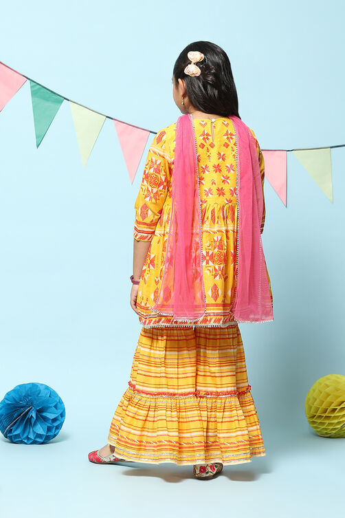 Yellow Cotton Gathered Printed Kurta Sharara Suit Set image number 3