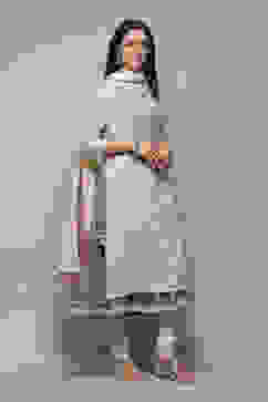 Off White Cotton Layered Printed Kurta Churidar Suit Set image number 6