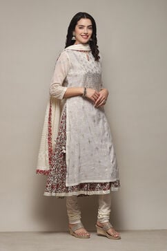 Off White Cotton Layered Printed Kurta Churidar Suit Set image number 6