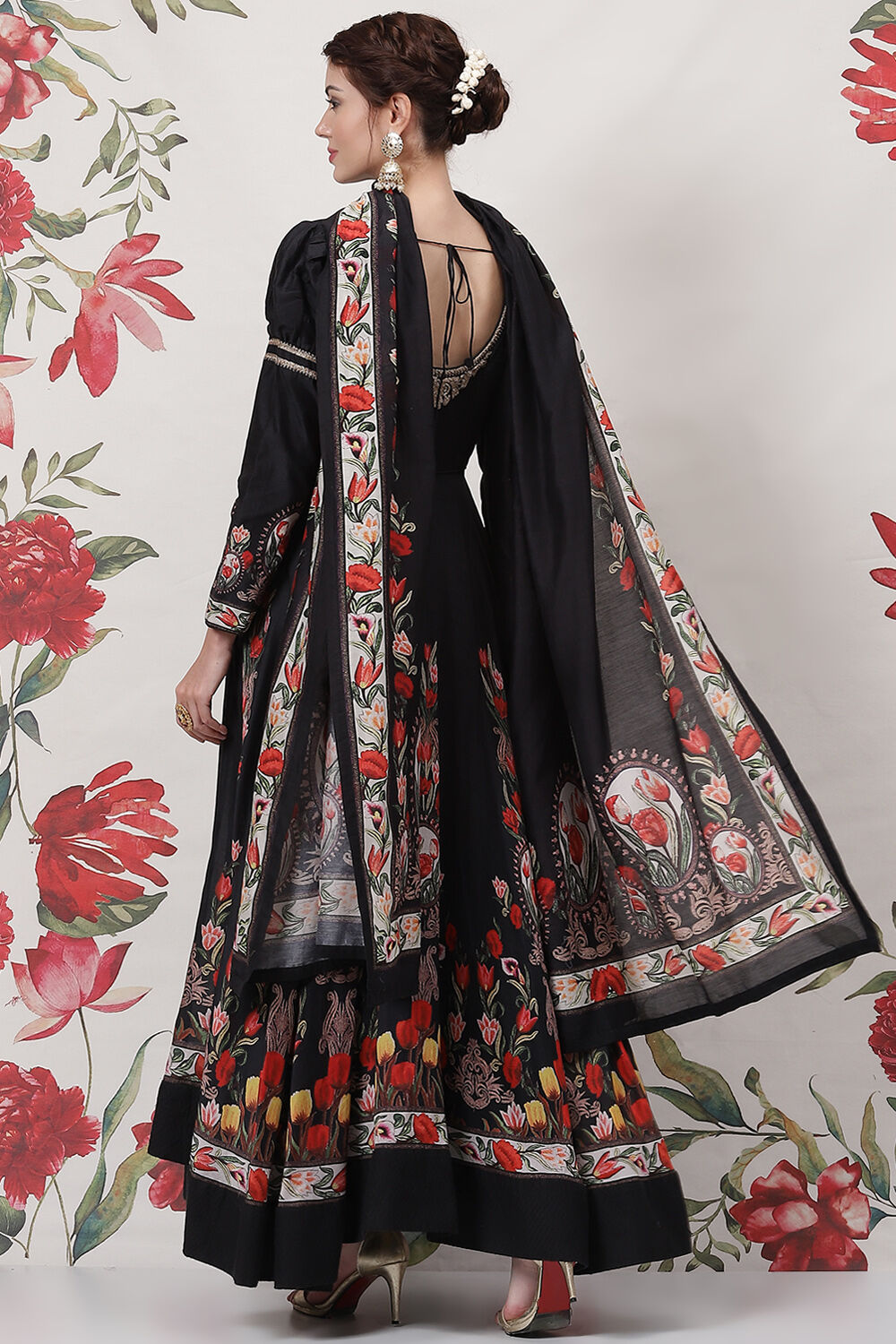 Rohit Bal Black Cotton Silk Anarkali Printed Suit Set image number 4