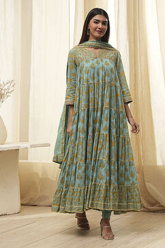 Sage Green Cotton Floral Tiered Suit Set image number 3