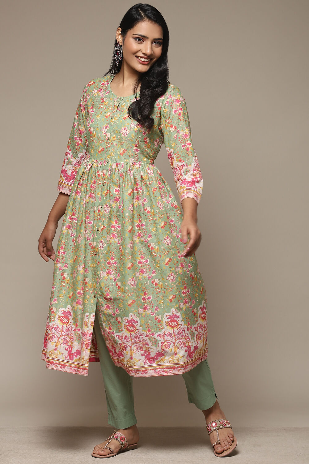 Blue Cotton Gathered Kurta Pants 2 Piece Set image number 6