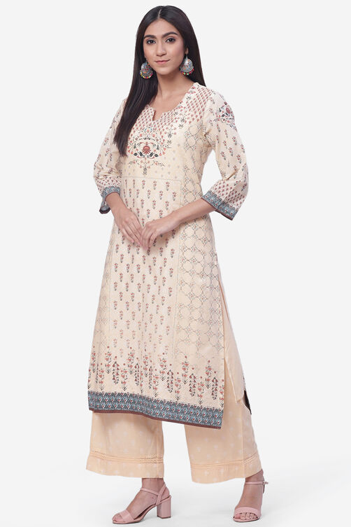 Beige Cotton Straight Kurta Palazzo Suit Set image number 2