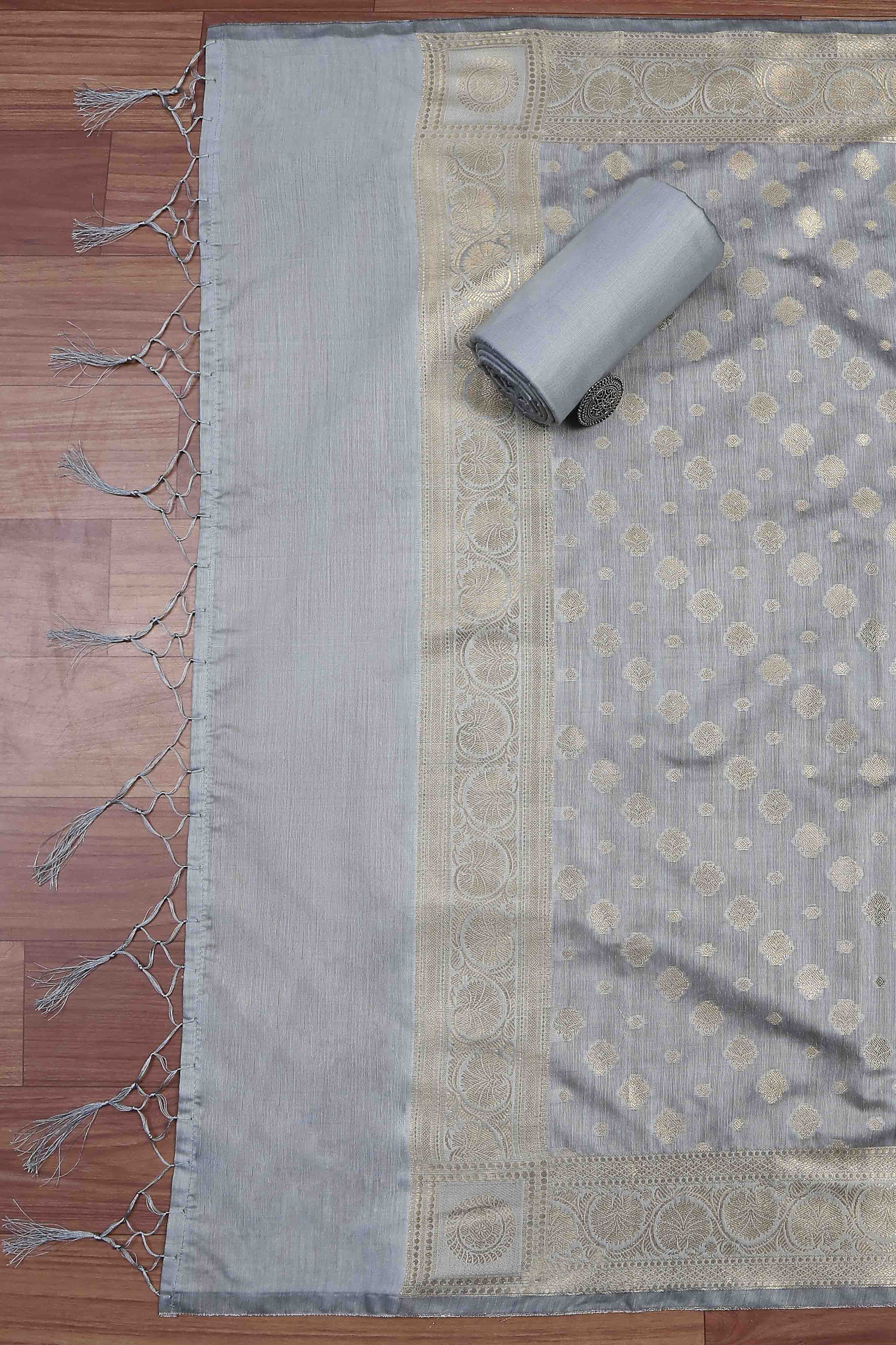 Dusty Grey Banarasi Chanderi Banarasi Print Unstitched Suit Set image number 3