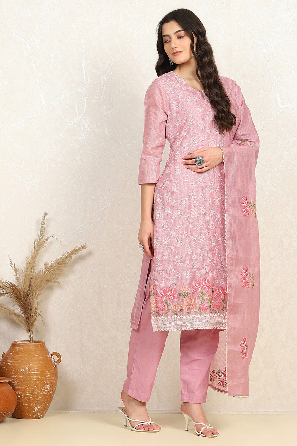 Lavender Cotton Machine Embroidered Unstitched Suit Set image number 6