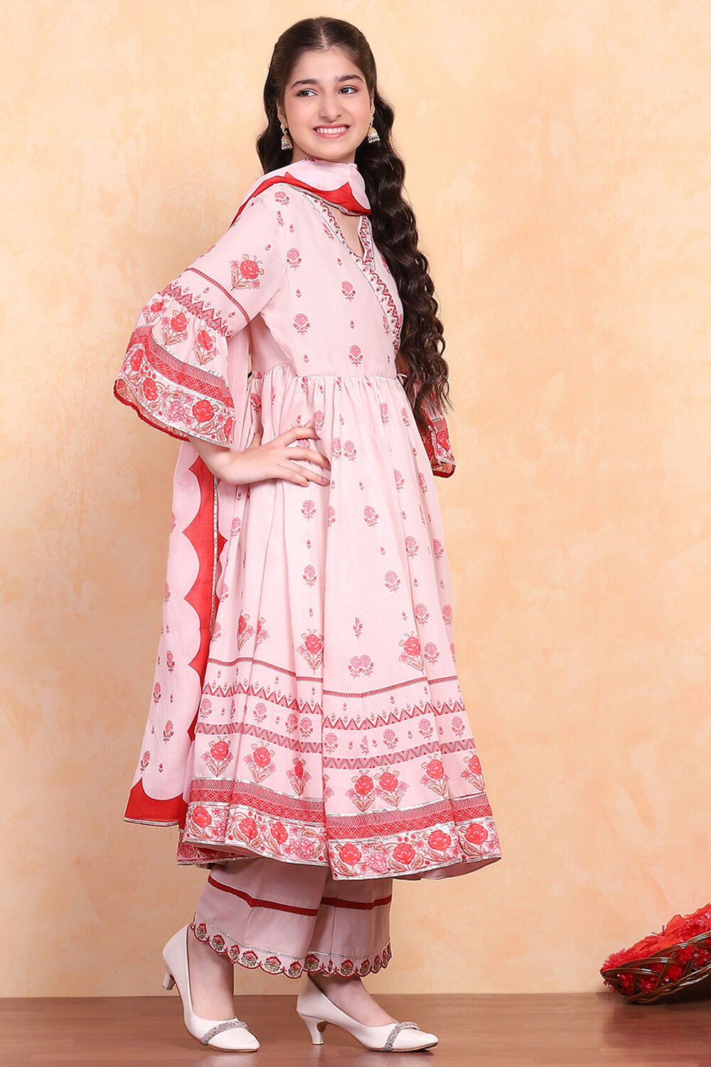 Pastel Pink Printed Angrakha Gathered Suit Set image number 4