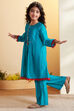 Teal Blue Pleated A-Line Kurta Set image number 4