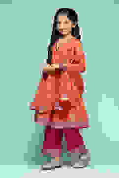 Orange Polyester Front Open Printed Suit Set image number 5