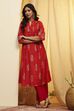 Red Polyester Straight Kurta