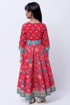 Red And Turquoise Cotton Anarkali Kurta Churidar Suit Set image number 4