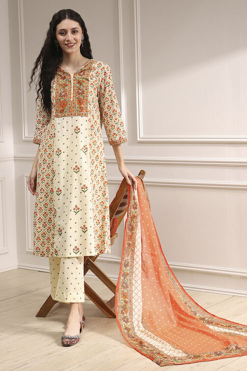 Beige Cotton Printed A-Line Suit Set image number 0