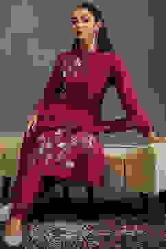 Rohit Bal Maroon Silk Chanderi Floral Straight Suit Set image number 0