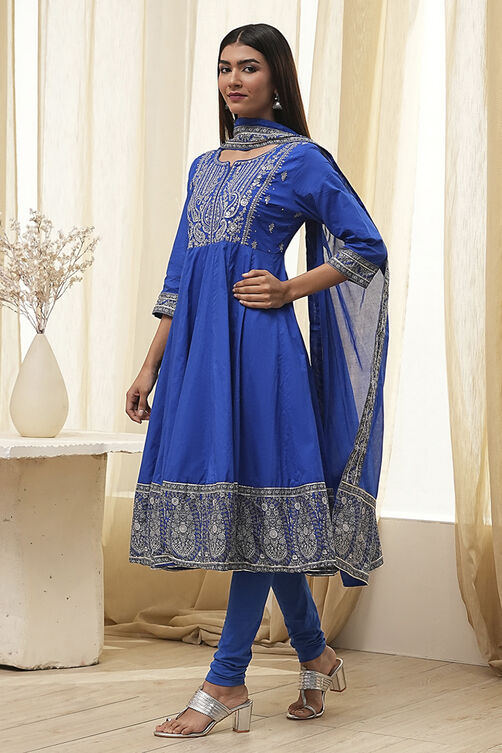 Blue Cotton Embroidered Anarkali Suit Set image number 3