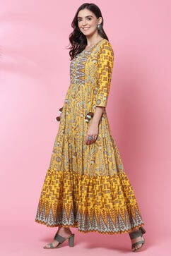 Mustard Cotton Flared Fusion Printed Dress image number 2