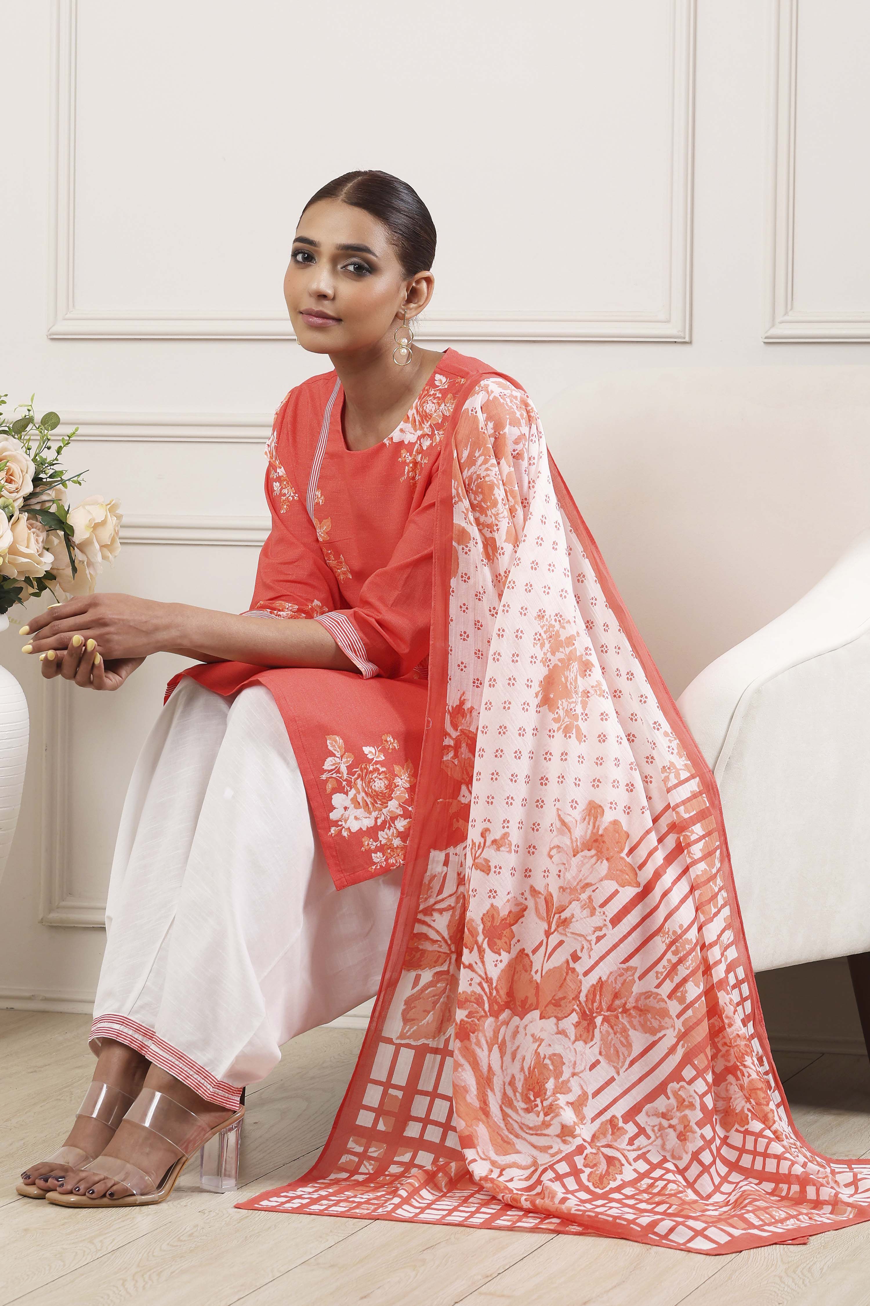 Orange and White Cotton Printed Straight Salwar Suit Set image number 0