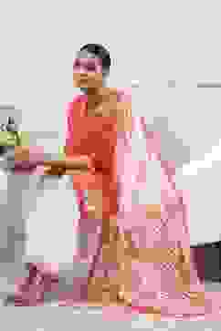 Orange and White Cotton Printed Straight Salwar Suit Set image number 0