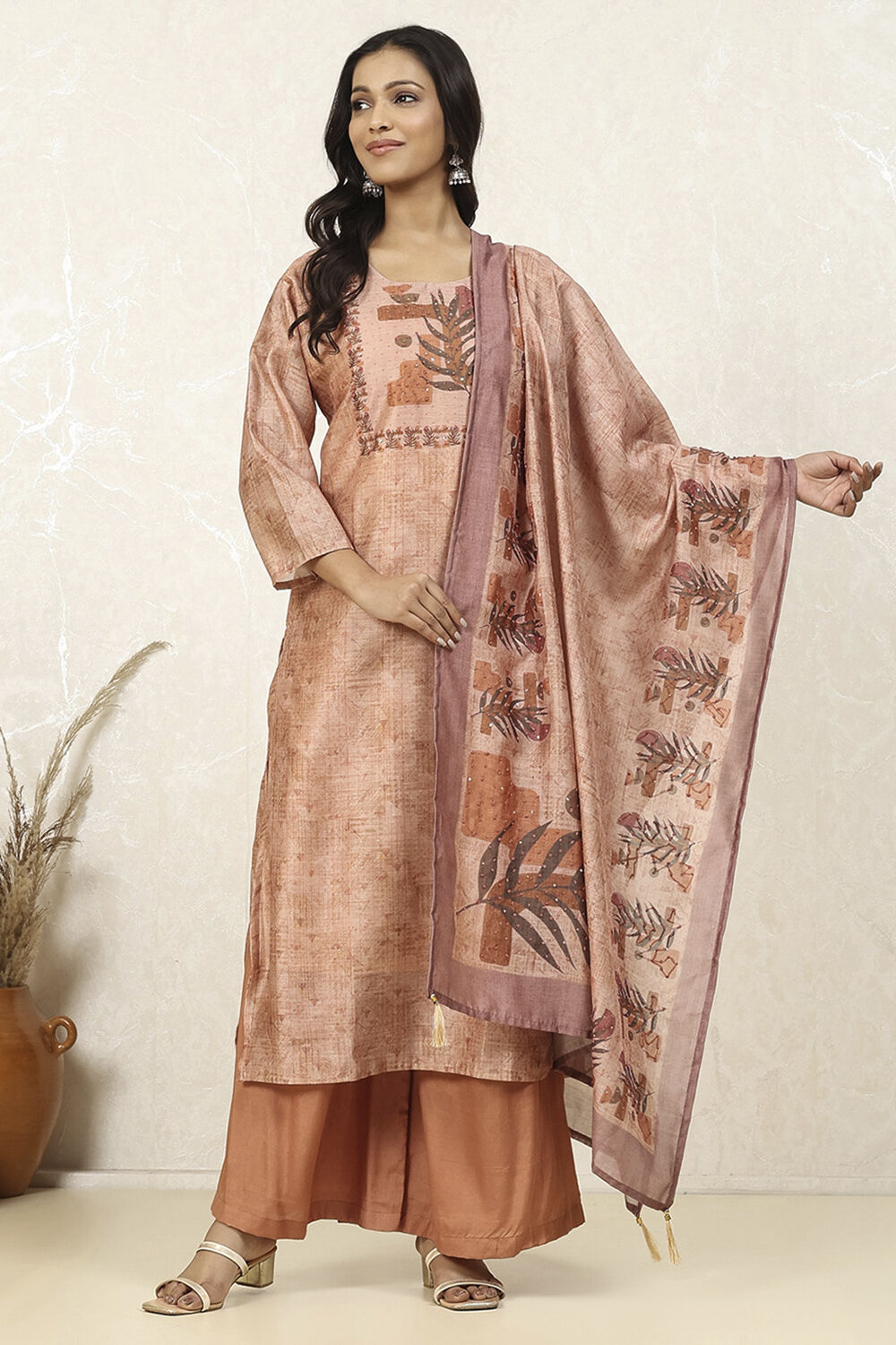 Peach Silk Blend Printed  Embroidered Unstitched Suit Set image number 1