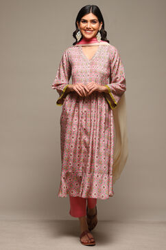 Pink Viscose Gathered Kurta Pants Suit Set image number 7