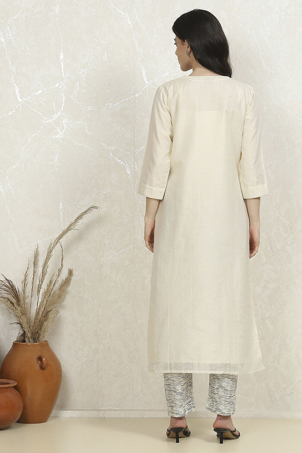 Off-White Cotton Machine Embroidered Unstitched Suit Set image number 5