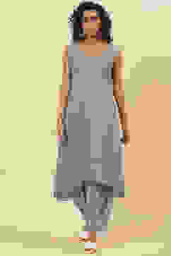 Steel Blue Cotton A-Line Kurta Cross Yoke Salwar Suit Set image number 3