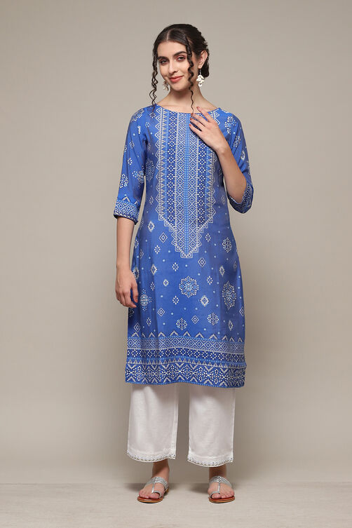 Royal Blue Rayon Straight Printed Kurta