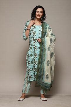 Green Cotton Printed Unstitched Suit Set image number 8