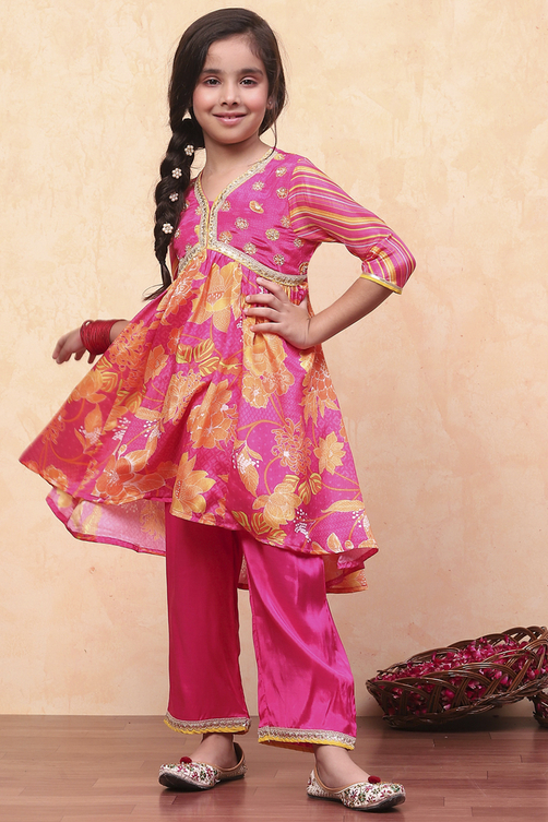 Pink Floral Printed Gathered A-Line Festive Suit Set image number 7