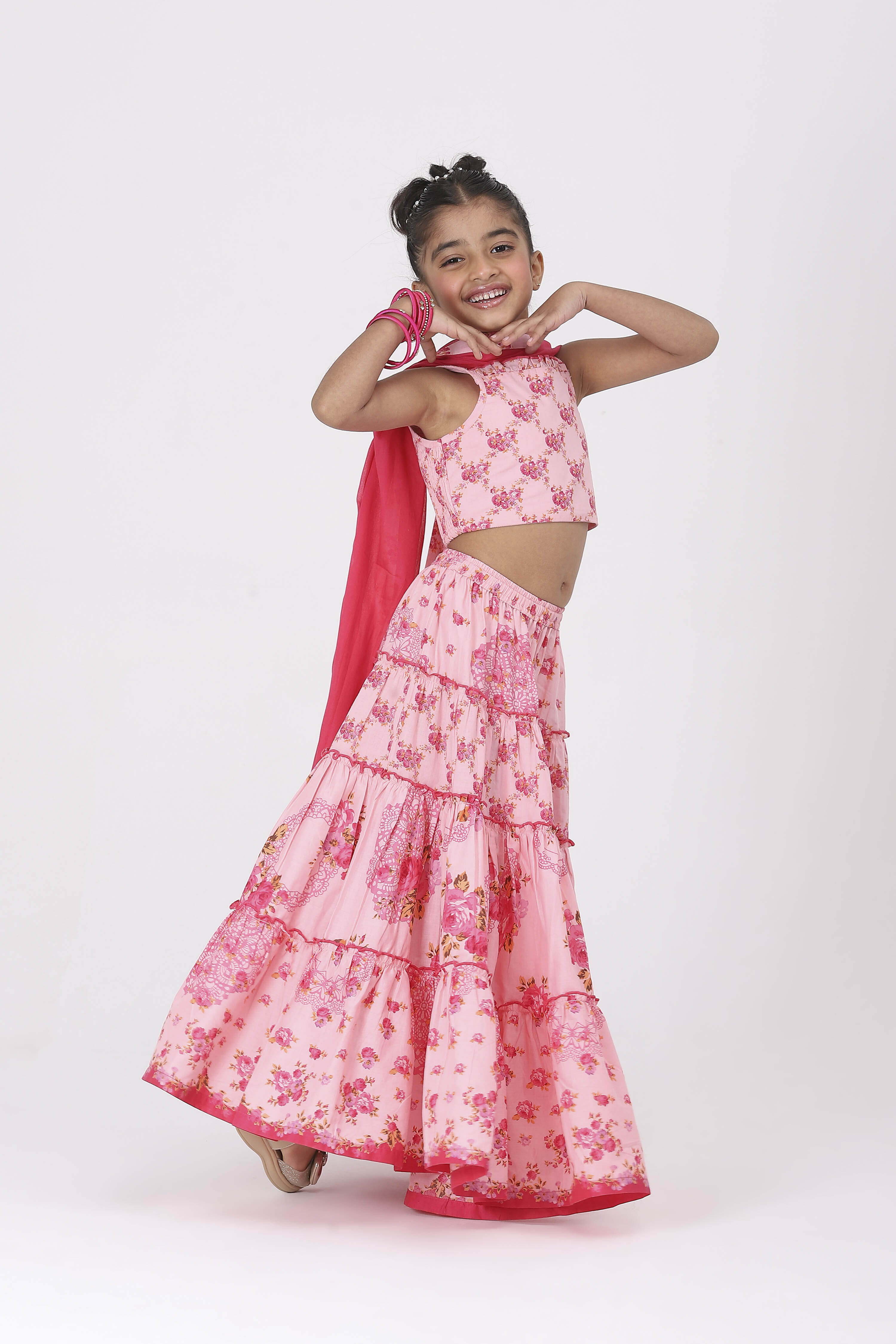 Pink Cotton Printed Regular Lehenga Set image number 3
