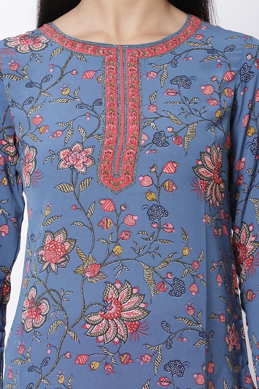 Blue Art Silk Straight Printed Kurti image number 1