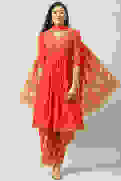 Red Cotton Flared Kurta Palazzo Suit Set image number 0