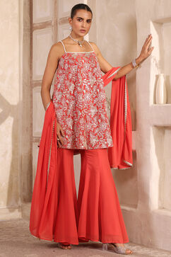 Coral Orange Poly Georgette Zari Embroidered Flared Suit Set image number 4