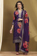 Purple Viscose Blend Yarn Dyed Floral Straight Suit Set image number 6