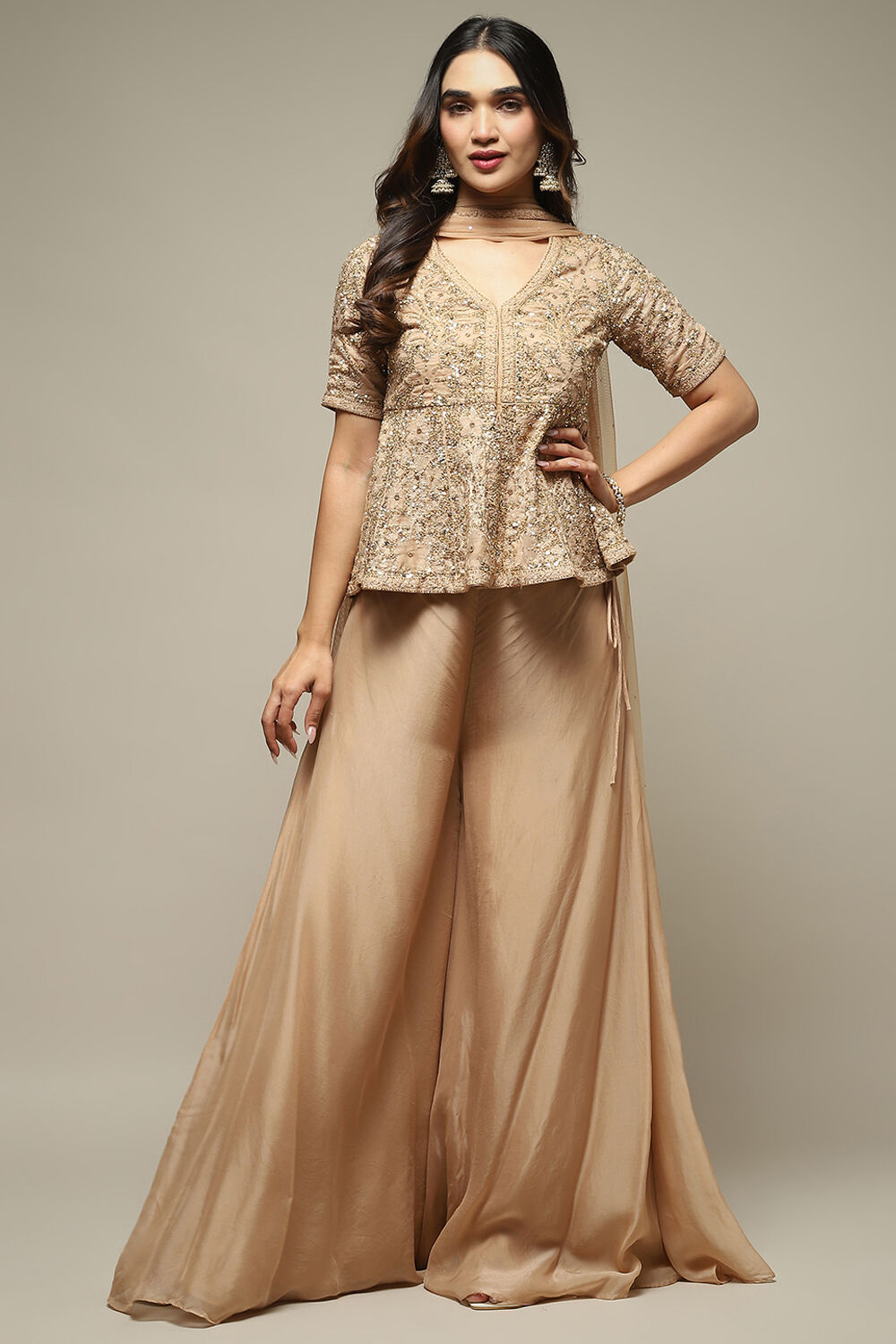 Beige Cotton Silk A-Line Embroidered Kurta Sharara Suit Set image number 7