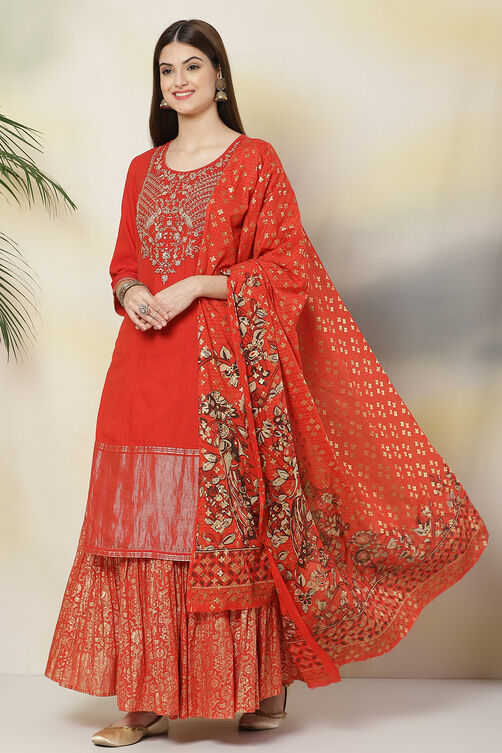 Red Cotton Straight Kurta Skirt Suit Set image number 5