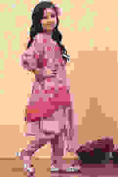 Pink Georgette Floral Printed Asymmetric Suit Set image number 5