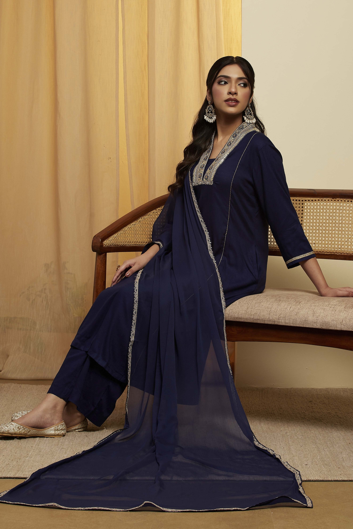 Blue Viscose Rayon Straight Suit Set