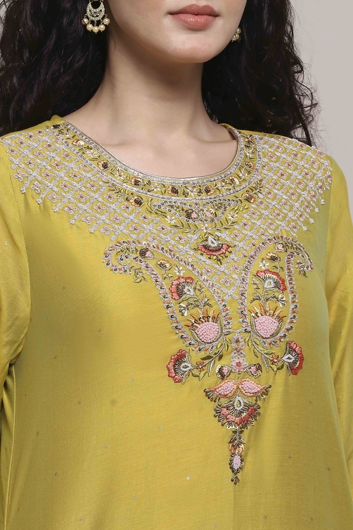 Lime Green Chanderi Straight Dyed Suit Set image number 1