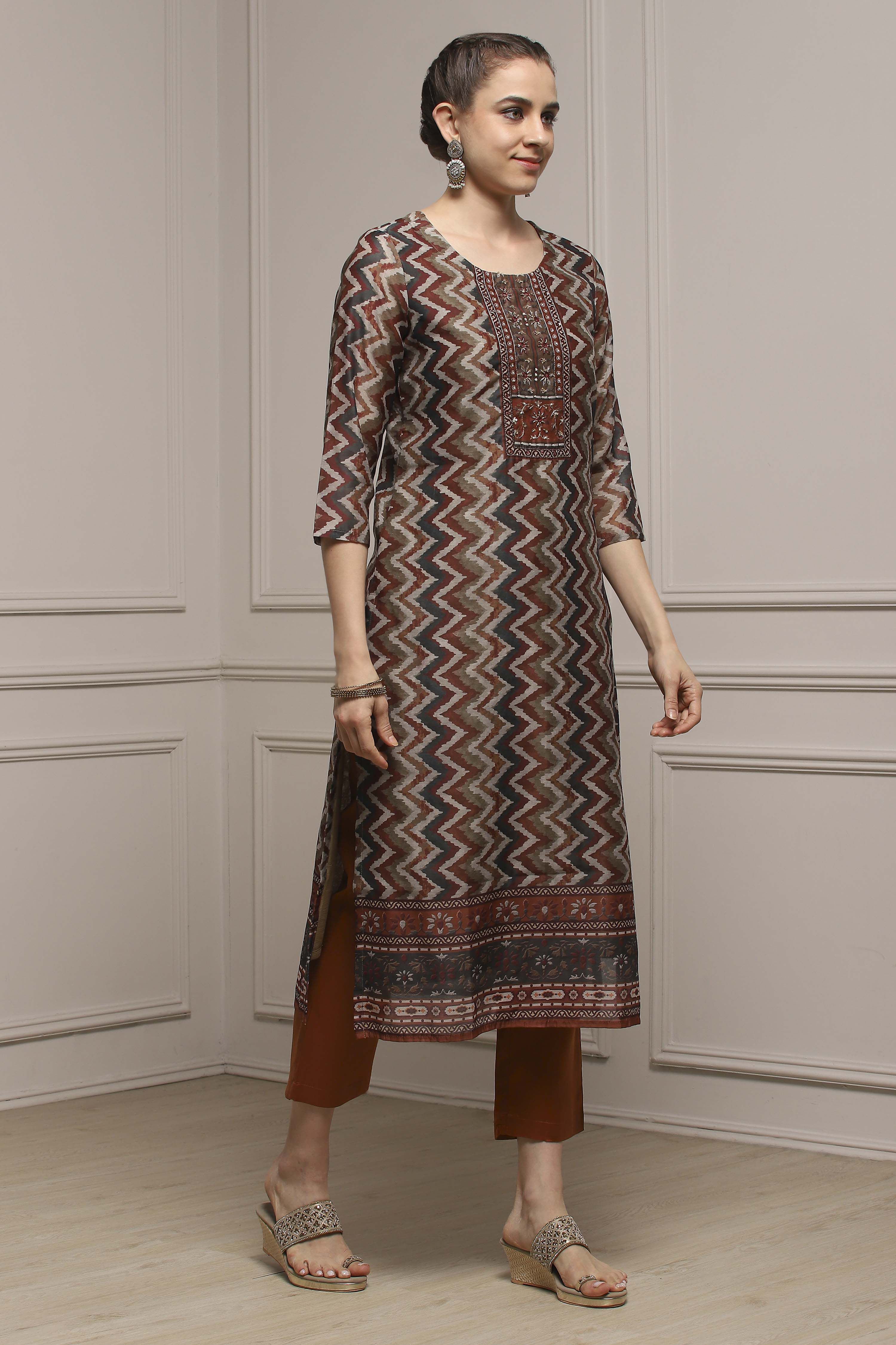 Orange Chanderi Blend Printed Embroidered Unstitched Suit Set image number 6