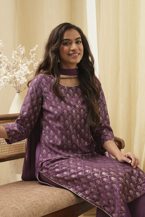 Dark Navy Art Silk Straight Kurta Slim Pants Suit Set image number 0