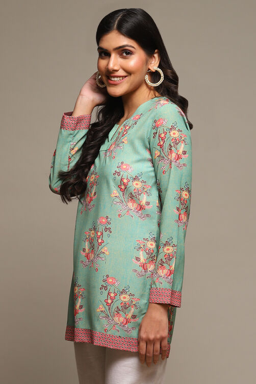 Denim Blue Cotton Blend Printed Kurti image number 2