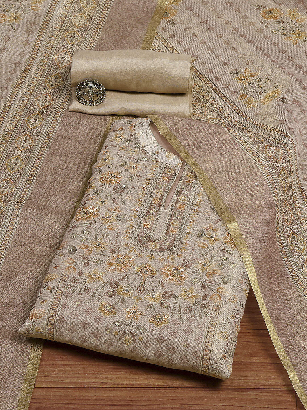 Lavender Chanderi Printed Unstitched Suit Set image number 0