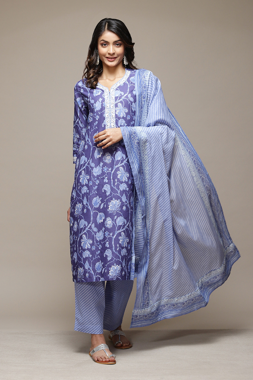 Indigo Cotton Straight Kurta Palazzo Suit Set image number 7