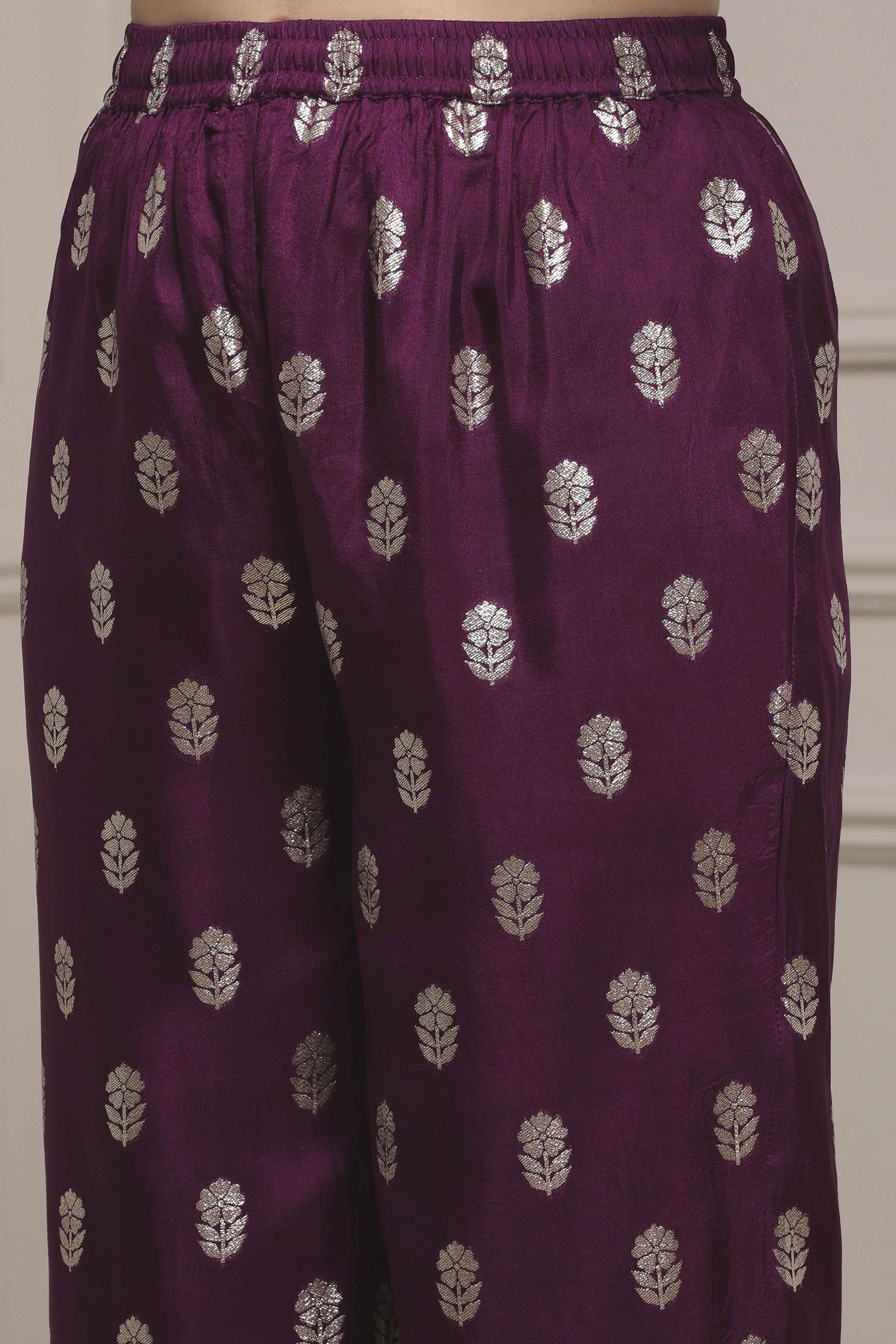 Purple Viscose Dupion Printed Straight Suit Set image number 2