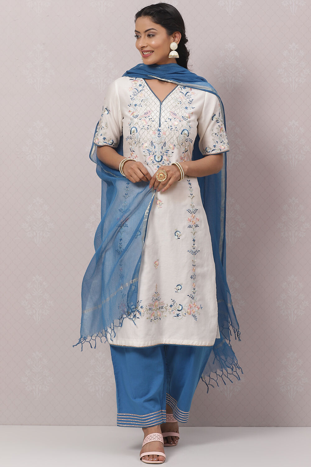 Buy White Cotton Art Silk Straight Kurta Palazzo Suit Set Kurta