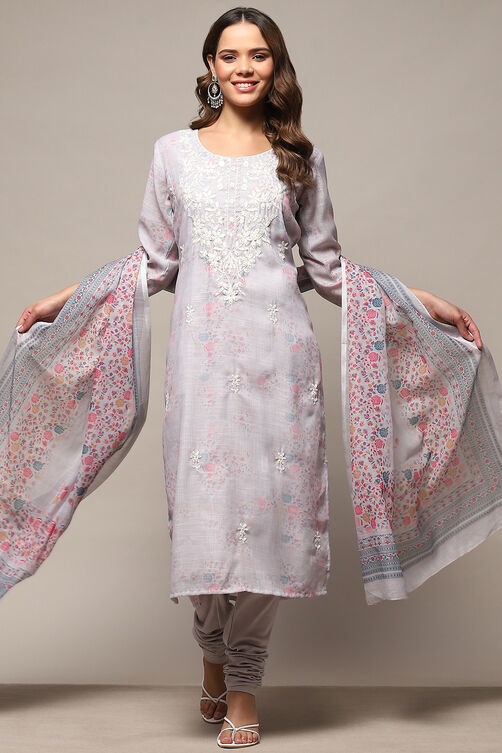 Grey Linen Unstitched Suit Set image number 1