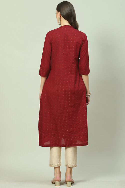 Maroon Cotton A-Line Printed Kurta image number 4