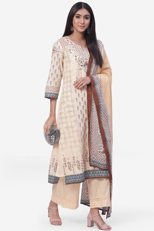 Beige Cotton Straight Kurta Palazzo Suit Set image number 8